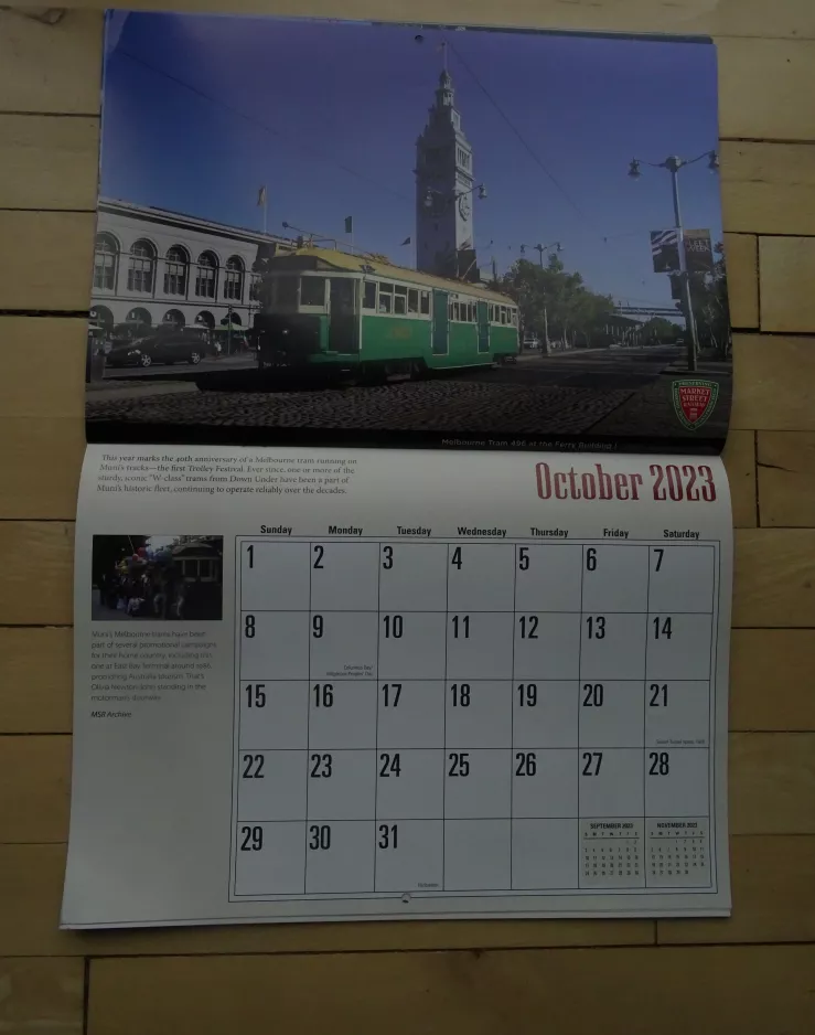 Calendar: San Francisco E-Embarcadero Steetcar with railcar 496 at Embarcadero & Ferry Building (2023)