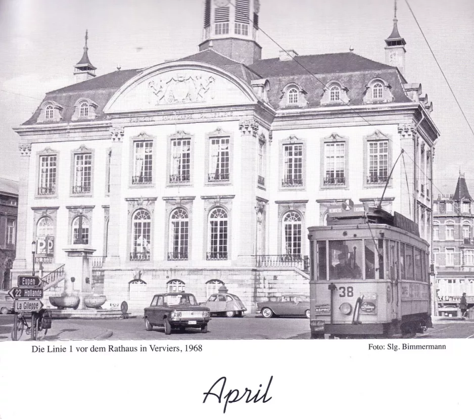 Calendar: Verviers tram line 1 with railcar 38 by Rathaus (1968)