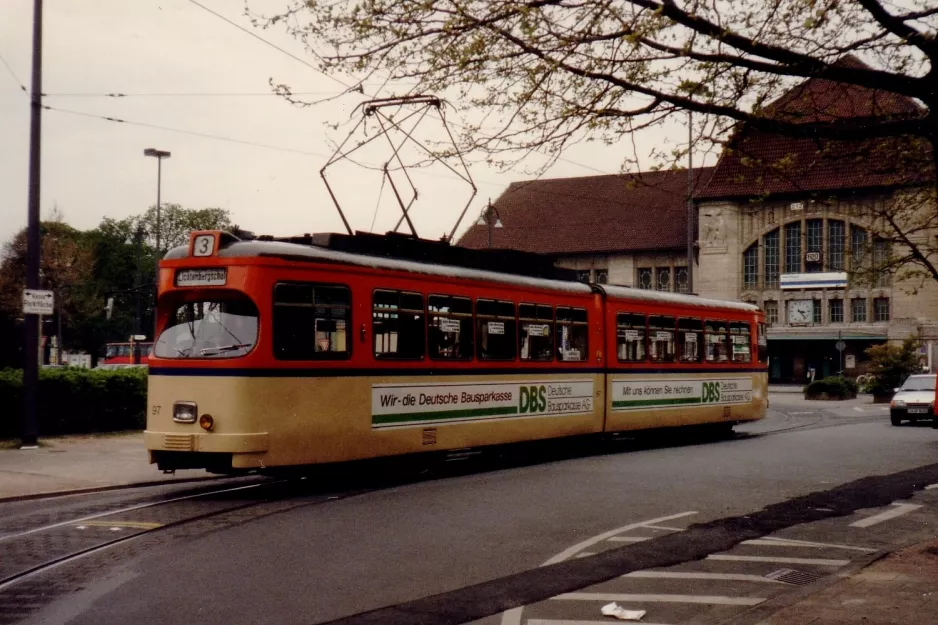 Darmstadt tram line 3 with articulated tram 97 at Hauptbahnhof (1990)