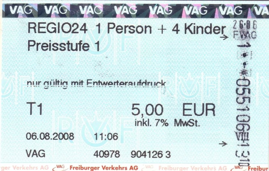 Day pass for Freiburger Verkehr (VAG), the front (2008)