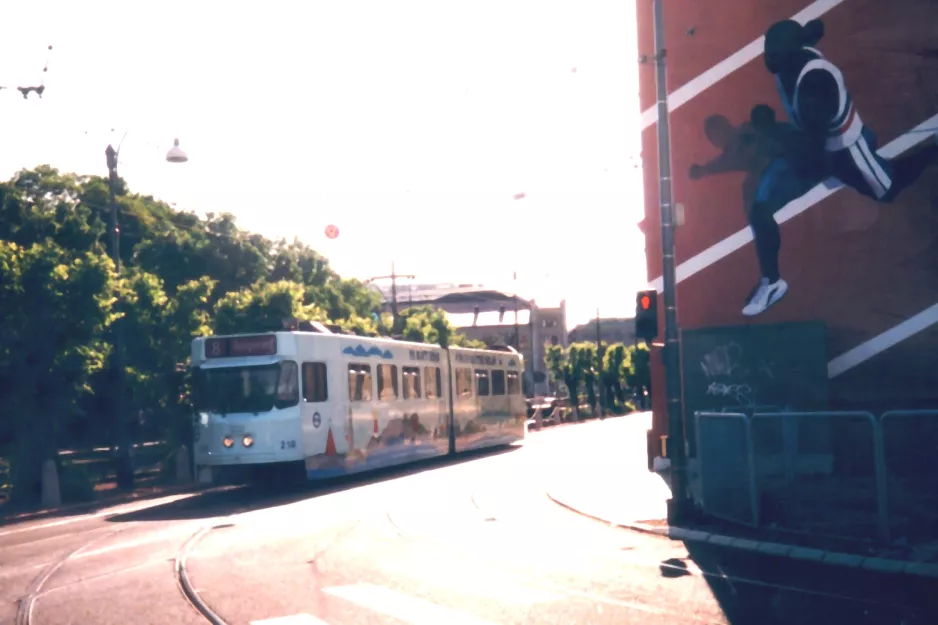 Gothenburg tram line 8 with articulated tram 218 on Stampgatan (1995)