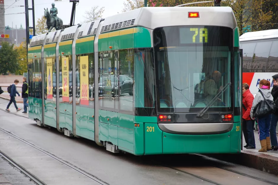 Helsinki tram line 7 with low-floor articulated tram 201 at Lasipalatsi/Glaspalatset (2011)