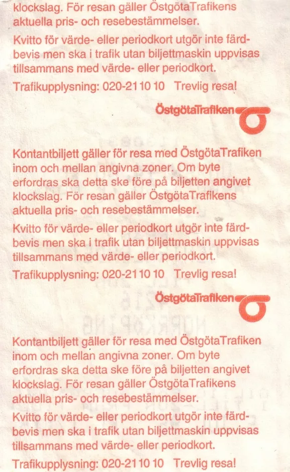 Hour ticket for Östgötatrafiken, the back (1995)