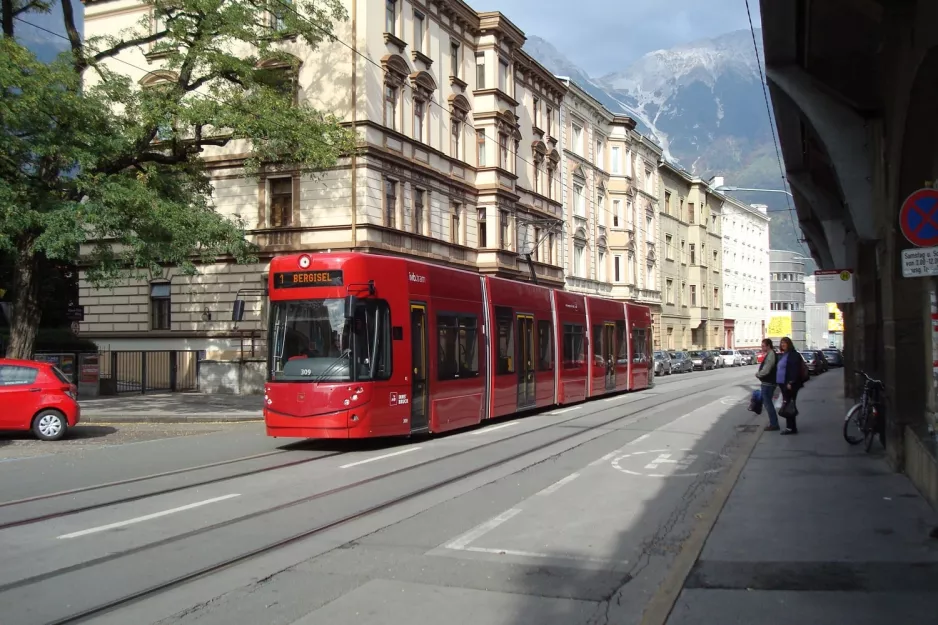 Innsbruck tram line 1 with low-floor articulated tram 309 at Ingenieur-Etzel-Str. (2012)