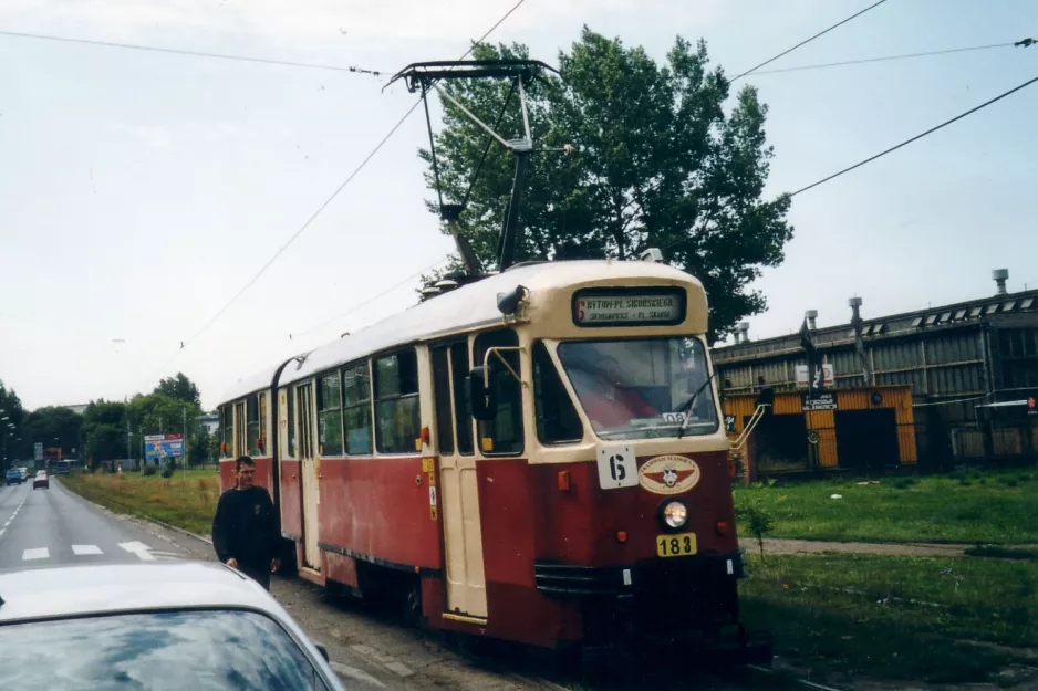 Katowice tram line T6 with articulated tram 183 at Wełnowiec Gnieźnieńska (2004)