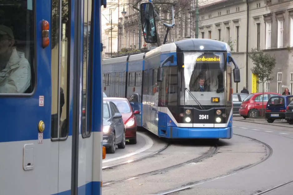 Kraków extra line 6 with low-floor articulated tram 2041 on Uliga Stradomska (2011)