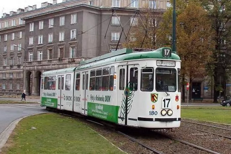 Kraków tram line 17 with articulated tram 180 on plac Centralny Imienia Ronalda Reagana (2005)