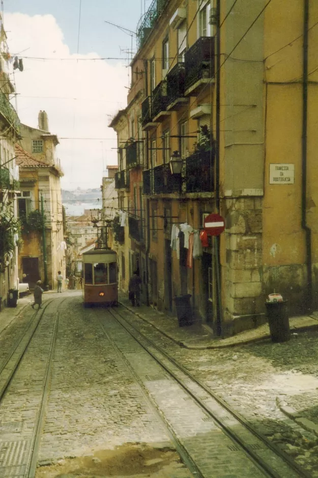 Lisbon funicular Elevador da Bica with cable car Bica 2 on Rua da Bica de Duarte Belo (1988)