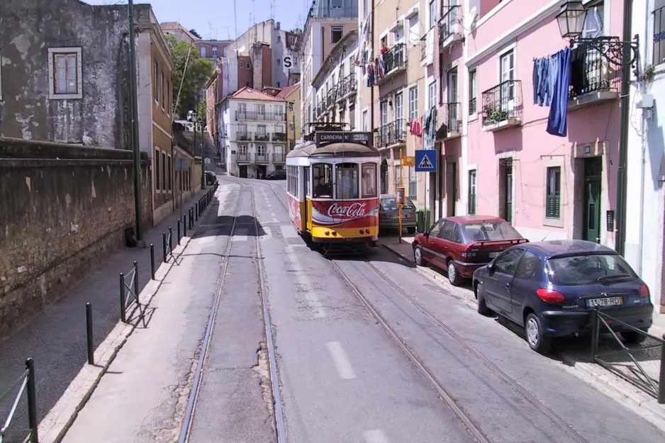 Lisbon tram line 28E with railcar 557 on Rua das Escolas Gerais (2003)