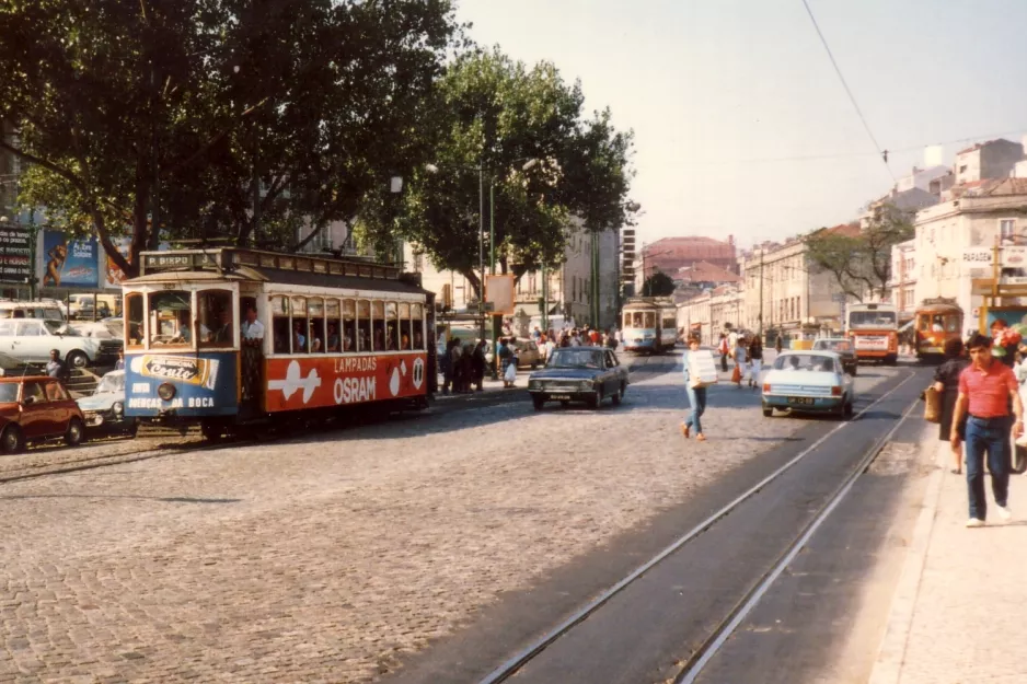 Lisbon tram line 3 with railcar 323 on Martim Moniz (1985)