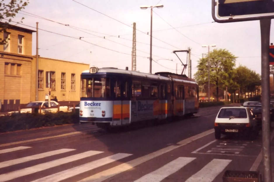 Mainz tram line 51 with articulated tram 243 close by Hauptbahnhof (1990)