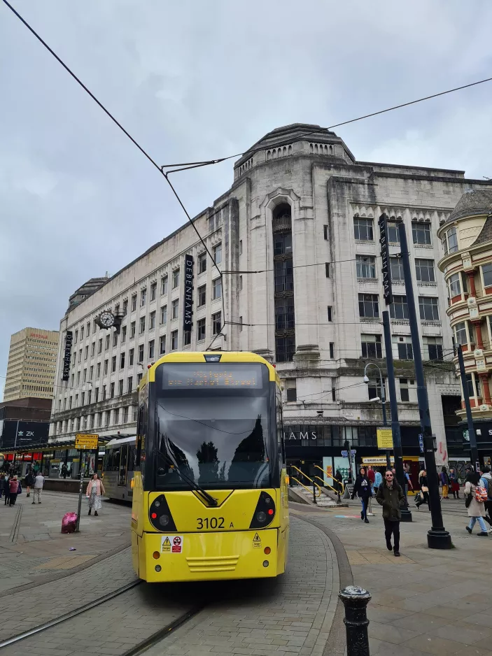 Manchester articulated tram 3102 on Market Street (2022)