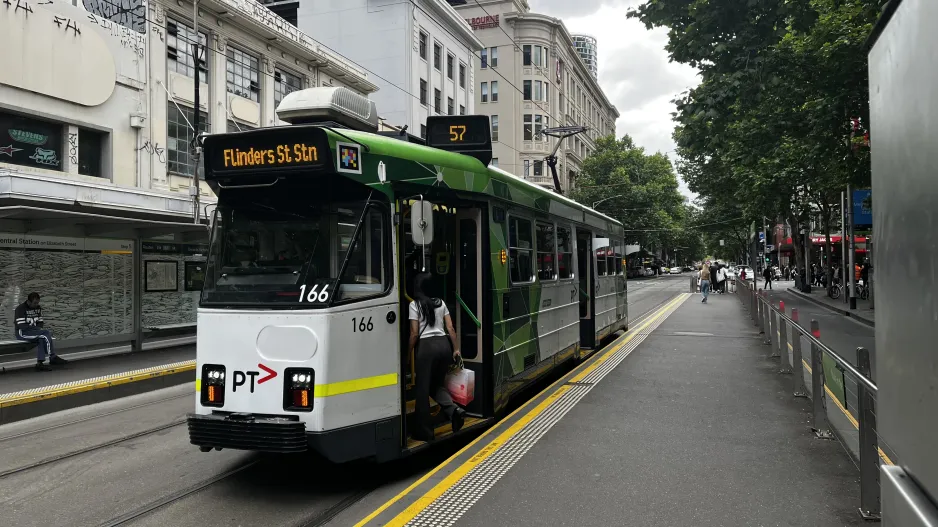 Melbourne tram line 57 with railcar 166 at Melbourne Central Station/Elizabeth Street (2024)