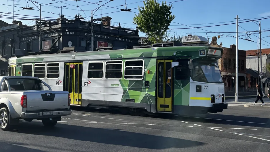 Melbourne tram line 57 with railcar 177 close by Peel Street/Victoria Street (2024)