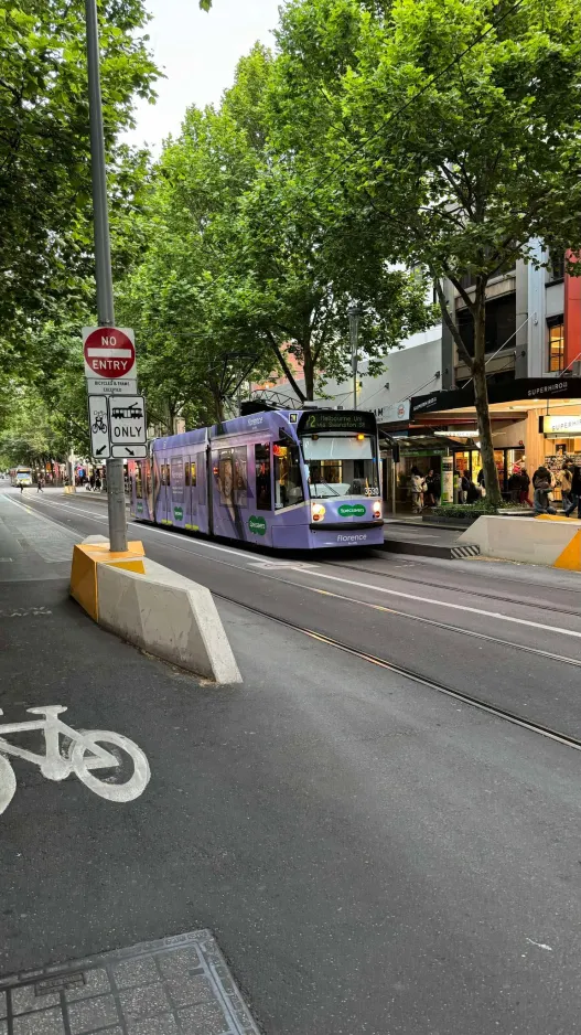 Melbourne tram line 72 with low-floor articulated tram 3530 at Swanston Street/Bourke Street (2024)