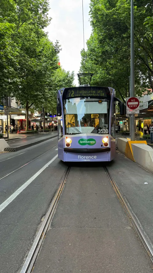 Melbourne tram line 72 with low-floor articulated tram 3530 close by Swanston Street/Bourke Street (2024)