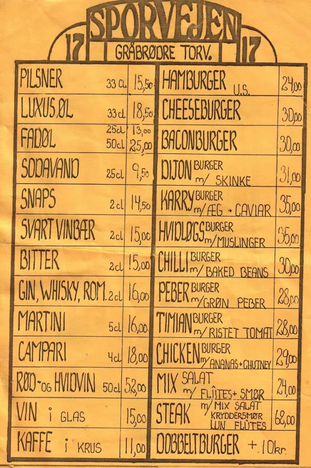 Menu card: Copenhagen, the back Sporvejen Burger Bar of the City (1985)