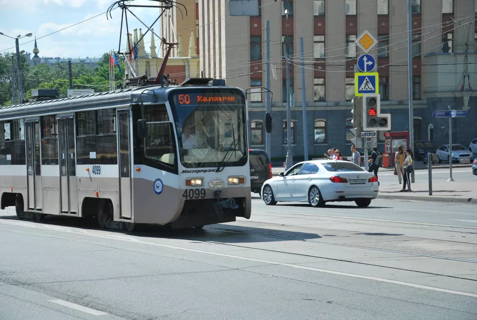 Moscow tram line 50 with railcar 4099 on Kalanchevskaya Ulitsa (2018)