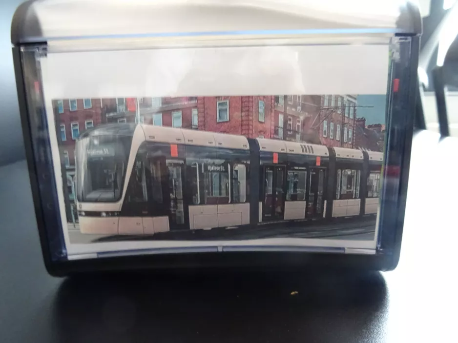 Napkins holder: Odense Tramway with low-floor articulated tram 01 "Brunneren" inside Kontrol centret (2023)