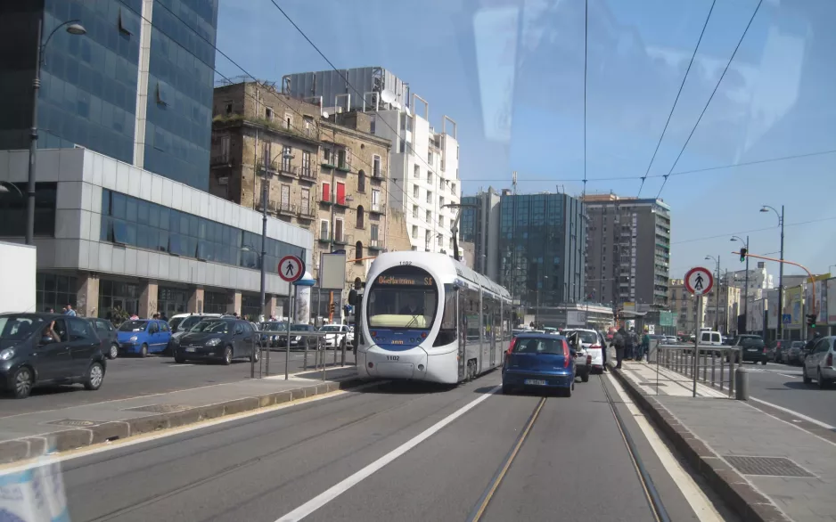 Naples tram line 4 with low-floor articulated tram 1102 close by Marina - Duomo (2014)