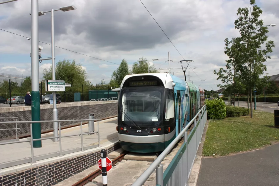 Nottingham tram line Blue with low-floor articulated tram 211 "Robin Hood" at Phoenix Park (2011)