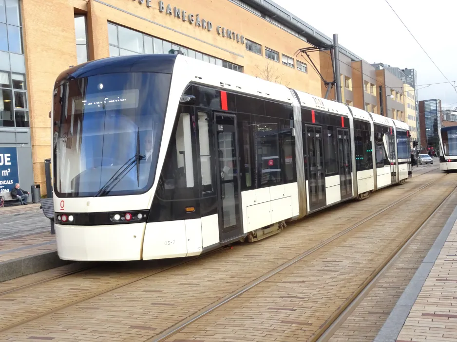 Odense Tramway with low-floor articulated tram 03 "Forbindelsen" at Banegården / Central Station (2024)