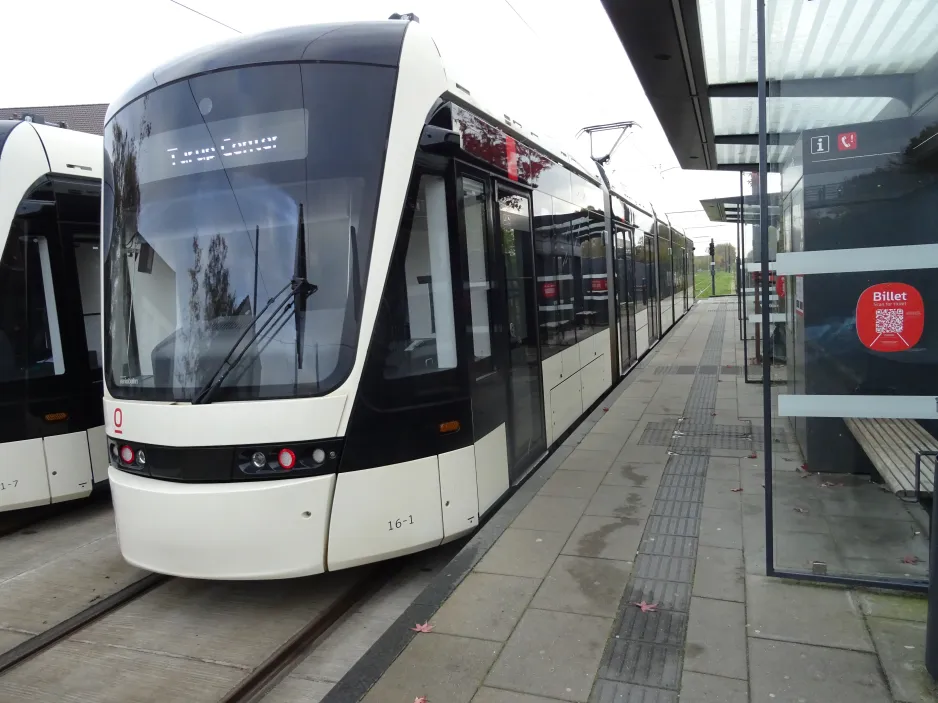 Odense Tramway with low-floor articulated tram 16 "Horisonten" at Hjallese St (2024)