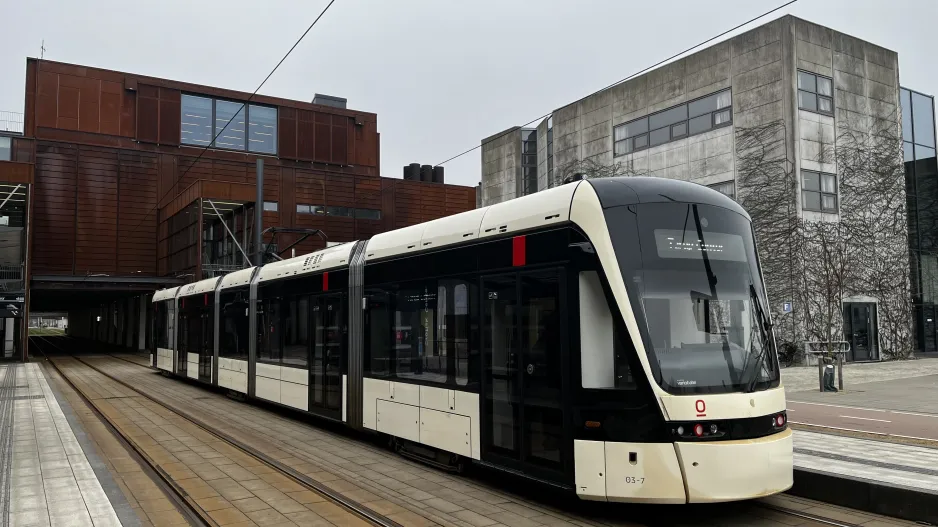 Odense with low-floor articulated tram 03 "Forbindelsen" at SDU/University (2025)