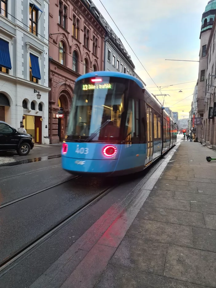 Oslo low-floor articulated tram 403, the back Prinsens gate (2022)