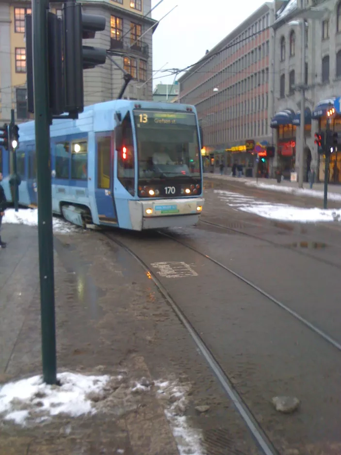 Oslo tram line 13 with low-floor articulated tram 170 near Jernbanetorget (2010)