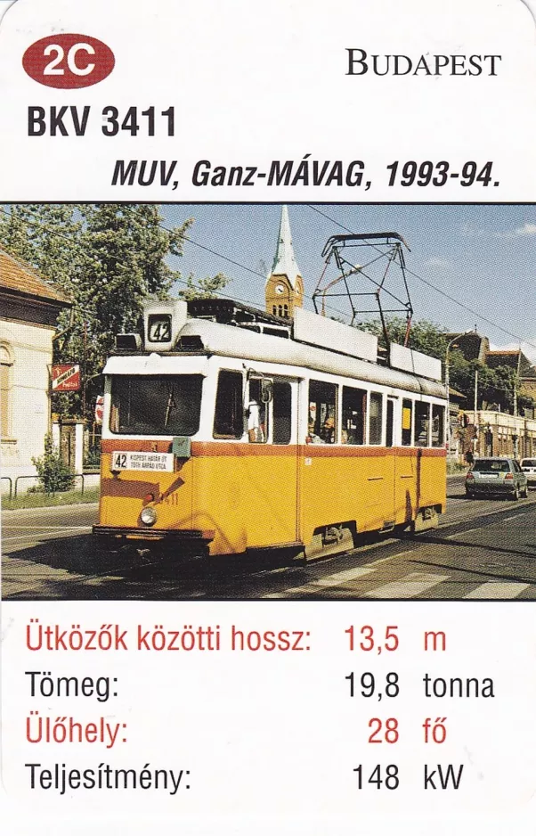 Playing card: Budapest tram line 42 with railcar 3411 near Corvin Körút (2014)