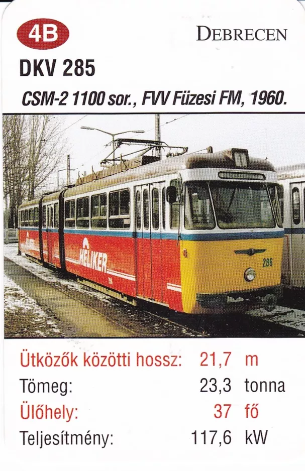 Playing card: Debrecen tram line 1 with articulated tram 286 at Nagyállomás (2014)