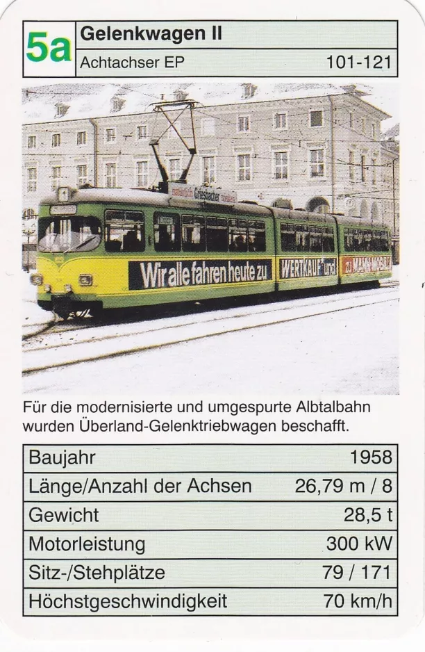 Playing card: Karlsruhe tram line 1 with articulated tram 106 on Marktplatz/Kaiserstraße U (2002)