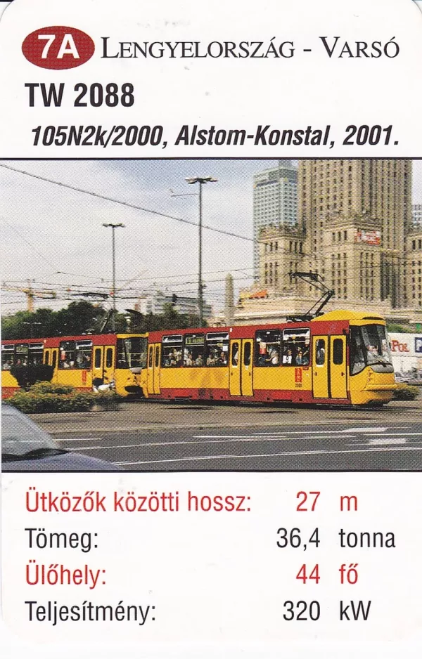 Playing card: Warsaw tram line 9 with railcar 2088 on Marszatkawska (2014)