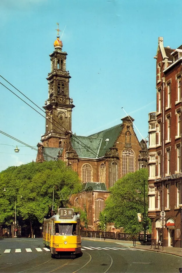 Postcard: Amsterdam tram line 13 with articulated tram 704 at Westermarkt (1976)