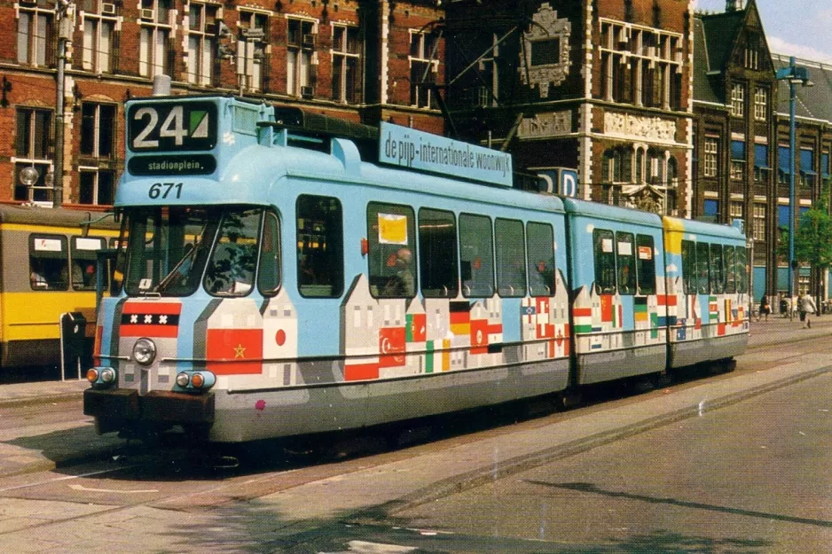 Postcard: Amsterdam tram line 24 with articulated tram 671 at Central Station (1985)