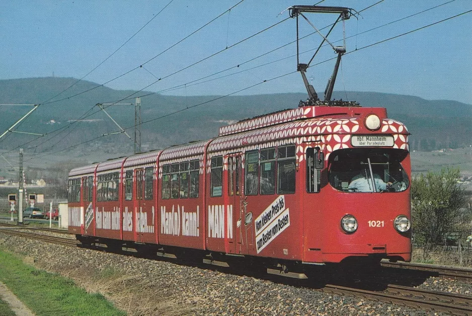 Postcard: Bad Dürkheim Rhein-Haardtbahn 4 with articulated tram 1021 near Feuerberg (1989)