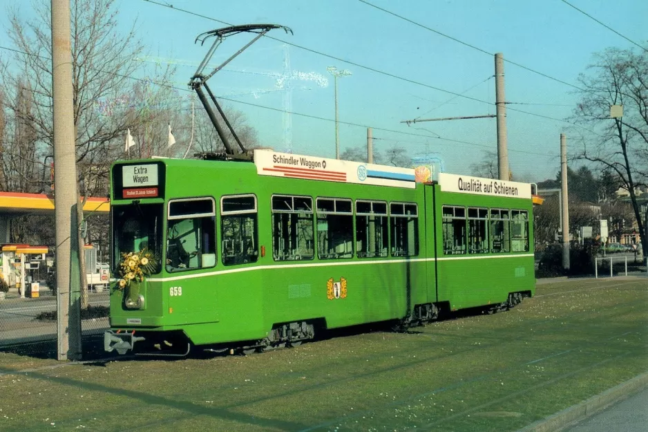 Postcard: Basel articulated tram 659 close by Eglisee (1990)