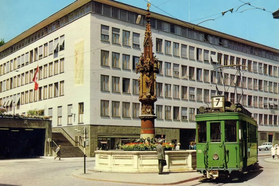 Postcard: Basel tram line 7 with railcar 199 at Schifflände (1963)