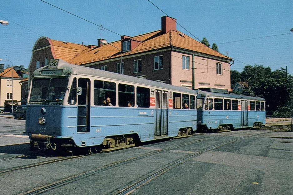 Postcard: Bromma tram line 12 Nockebybanan with sidecar 637 near Ålstensgatan (1983)