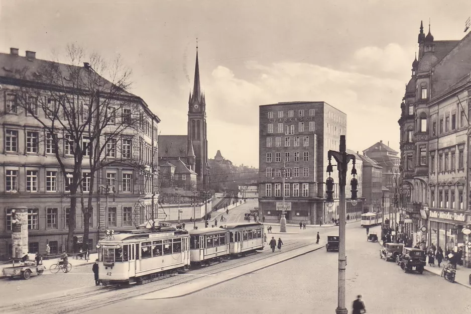 Postcard: Chemnitz tram line 2 with railcar 42 on Fritz-Heckert-Platz (Falkeplatz) (1930)