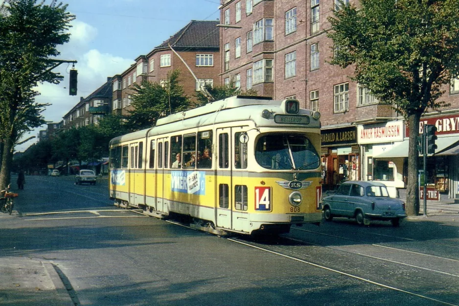 Postcard: Copenhagen tram line 14 with articulated tram 808 in the intersection Dalgas Boulevard/Peter Bangs Vej (1965)