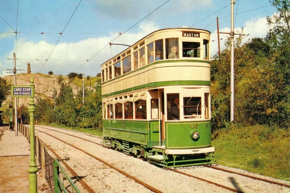 Postcard: Crich museum line with bilevel rail car 49 at Victoria Park (1970)