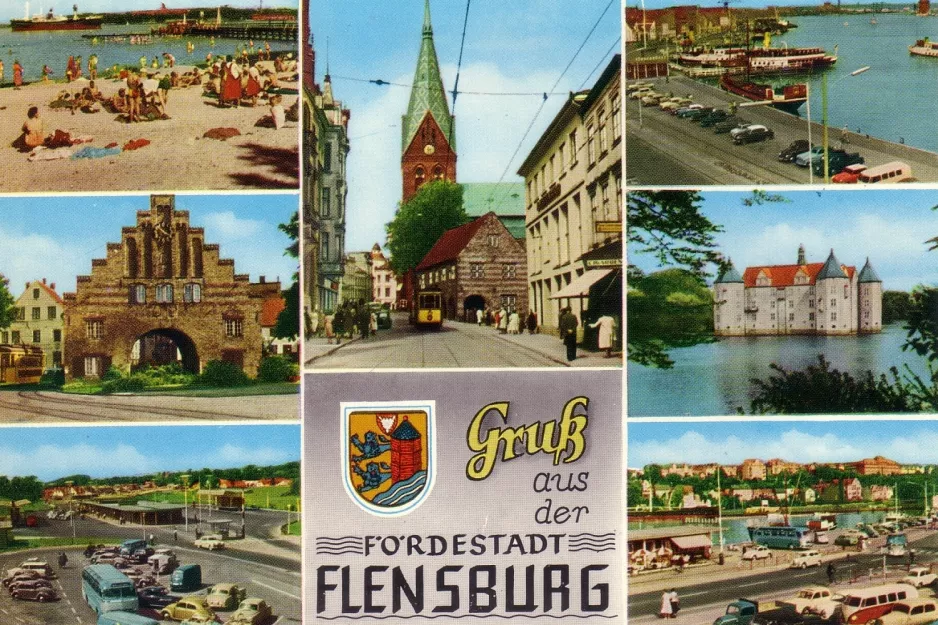 Postcard: Flensburg tram line 1  near Südermarkt (1965)