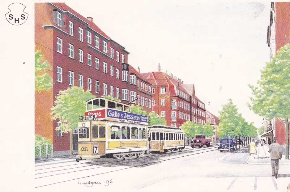 Postcard: Frederiksberg tram line 17 with bilevel rail car 391 near Folkets Allé (1920-1929)