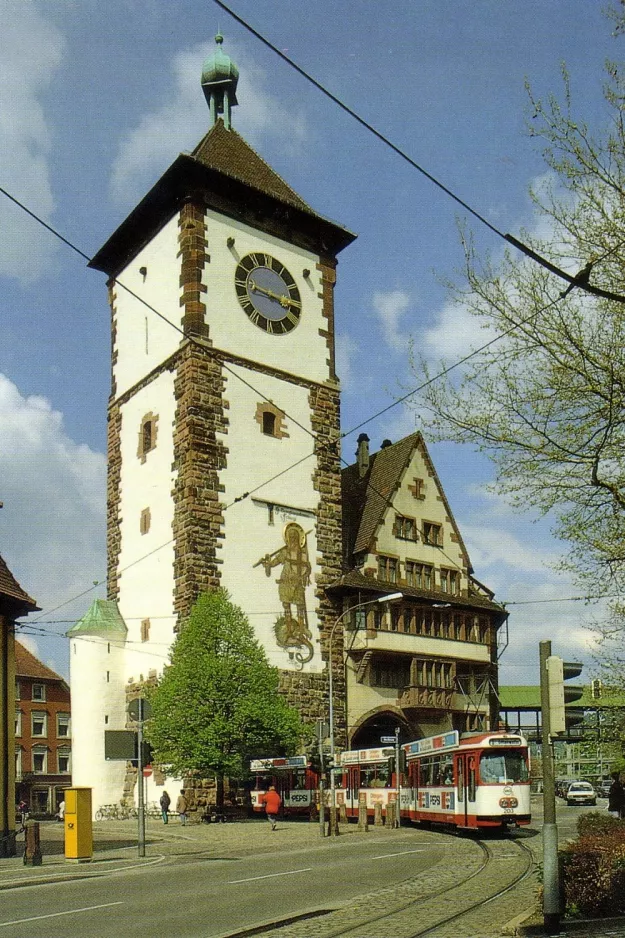 Postcard: Freiburg im Breisgau tram line 1 with articulated tram 203 in front of Schwabentor (1967)