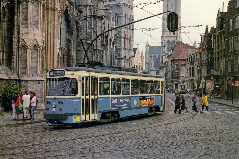 Postcard: Ghent tram line T4 with railcar 23 on Korenmarkt (1987)