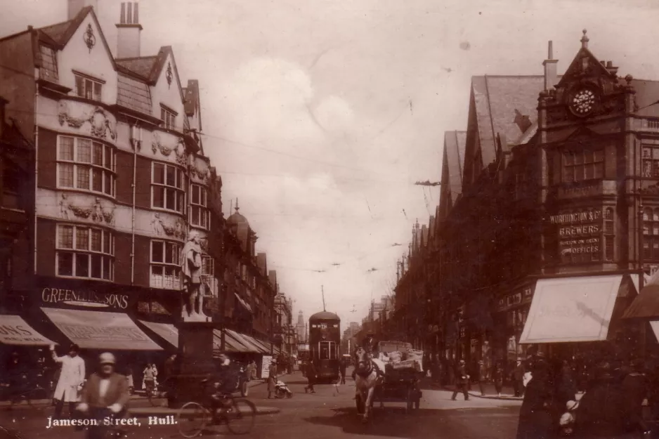 Postcard: Kingston upon Hull tram line  on Jameson St (1910)