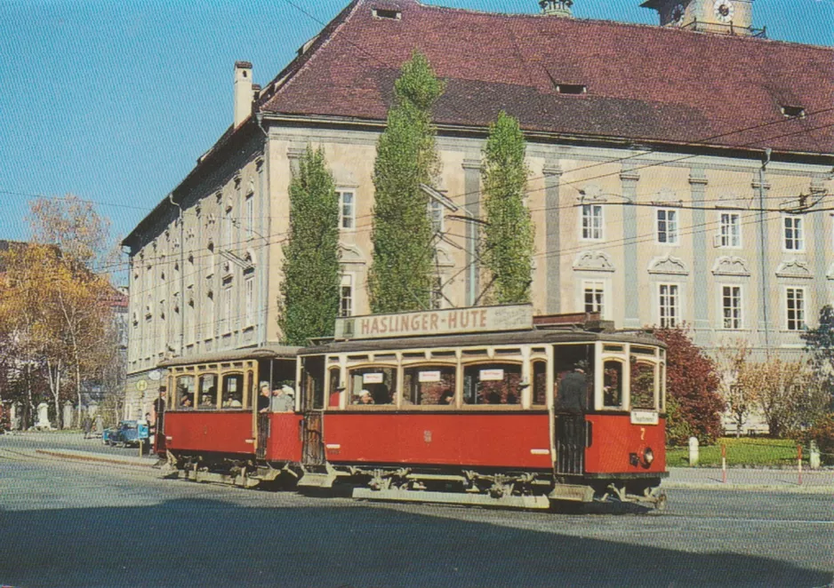 Postcard: Klagenfurt tram line A with railcar 7 on Heiligengeistplatz (1959)