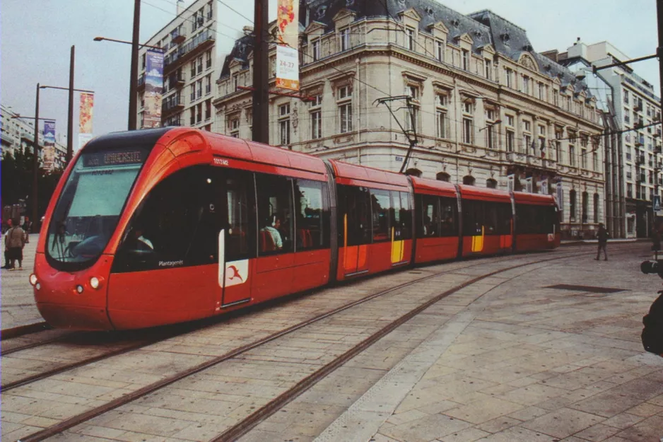 Postcard: Le Mans tram line T1 with low-floor articulated tram 1013 "Sargé-lès-le-Mans" close by Repulique (2013)